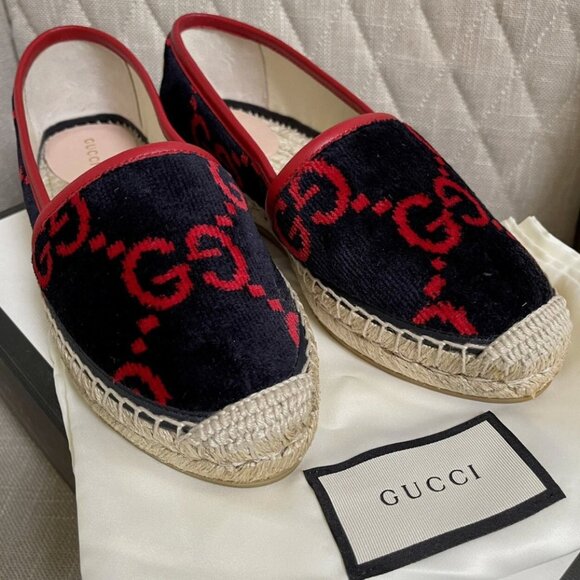 Gucci GG Logo Pilar Jute Espadrille Flat Blue Red Velvet - Picture 4 of 5